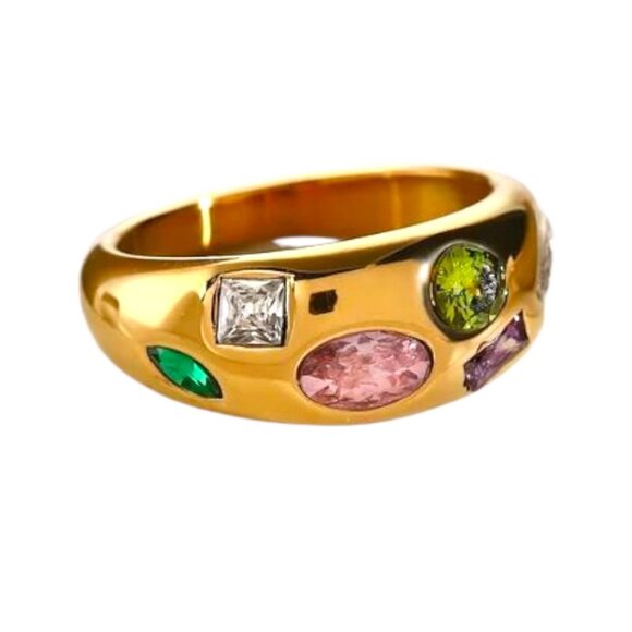 Bold 18K Gold Plated Stainless Steel Ring With‎ Multicolored CZ Stones - Picture 2 of 4